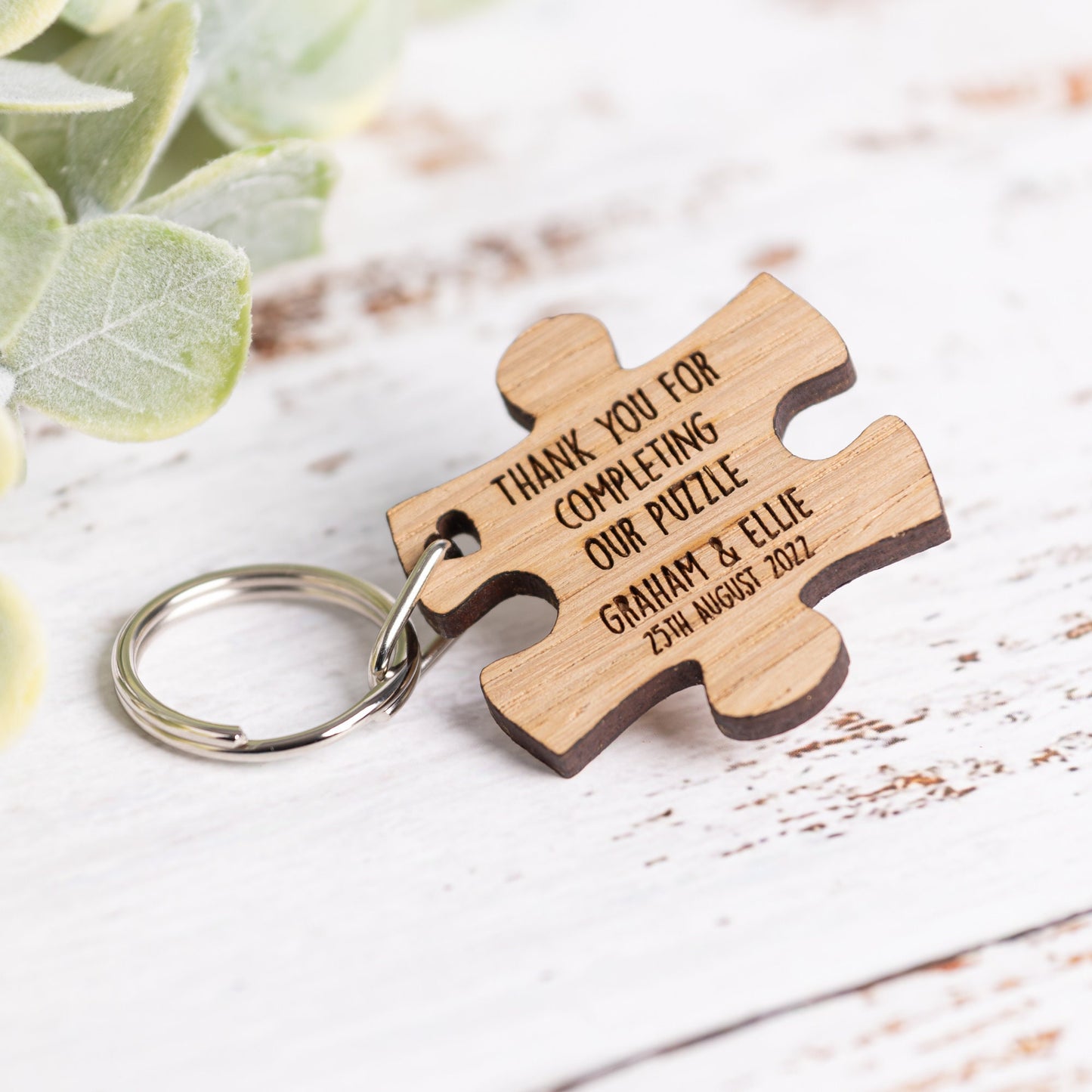Personalised Jigsaw Puzzle Piece Keyrings | Personalized Wedding Favors / Favours | Unique Wooden Guest Keepsake Gifts
