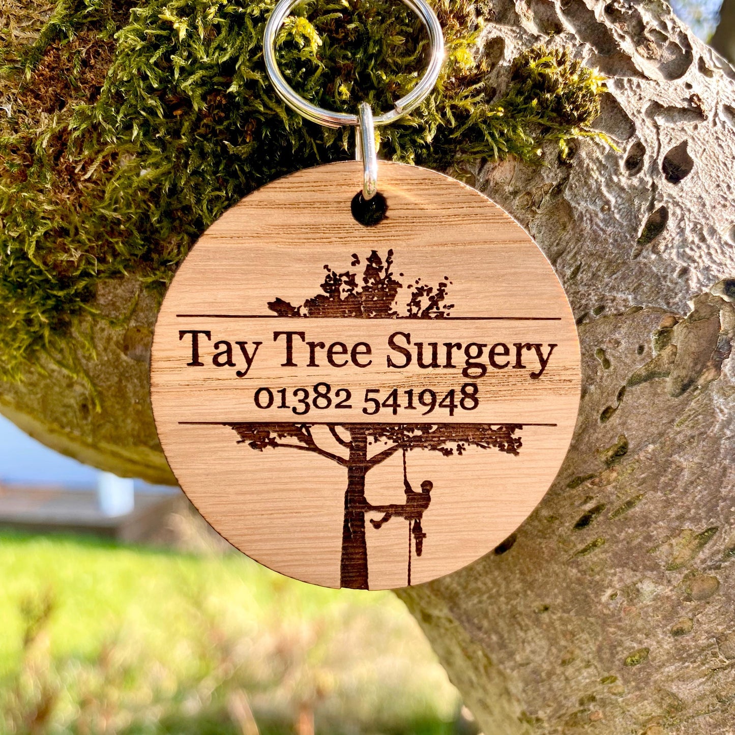 Engraved Wooden Business Keyrings-Arborist, Gardening Logo
