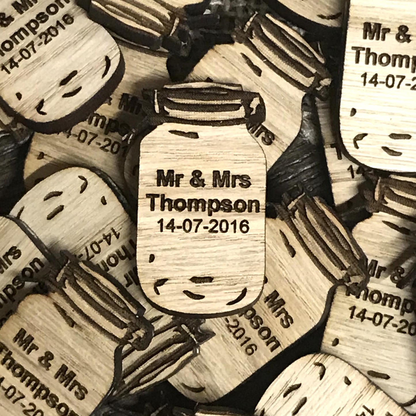 Personalised Mason Jar Confetti, Kilner Jar Shape-Rustic Oak Wedding Table Scatter, Names & Date