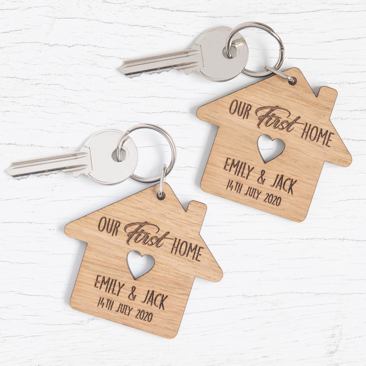 Personalized New Home Oak Keyrings, Couples Housewarming Gift