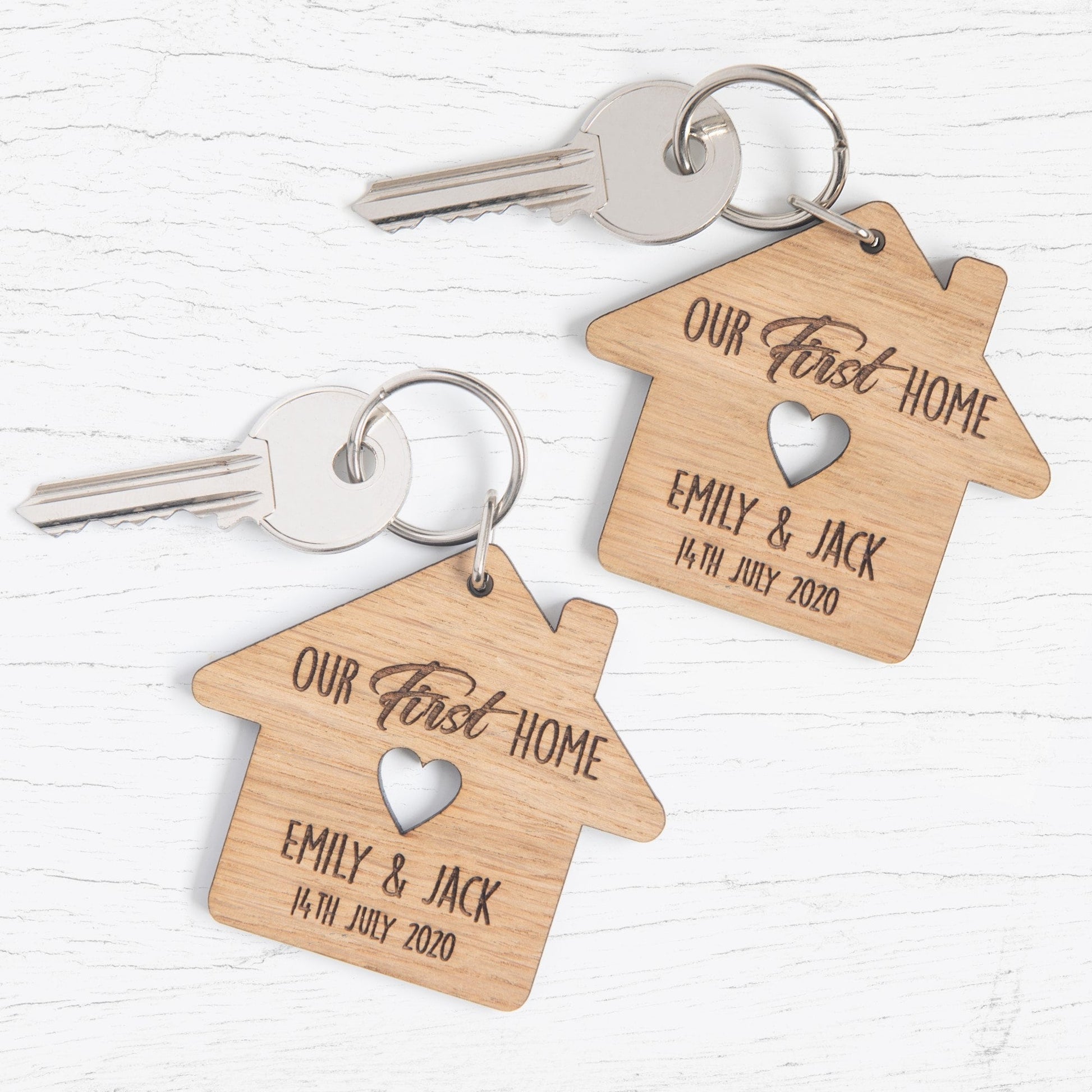 Personalized New Home Oak Keyrings, Couples Housewarming Gift