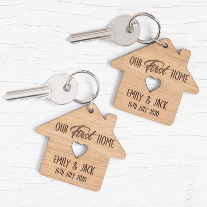 Personalized New Home Oak Keyrings, Couples Housewarming Gift