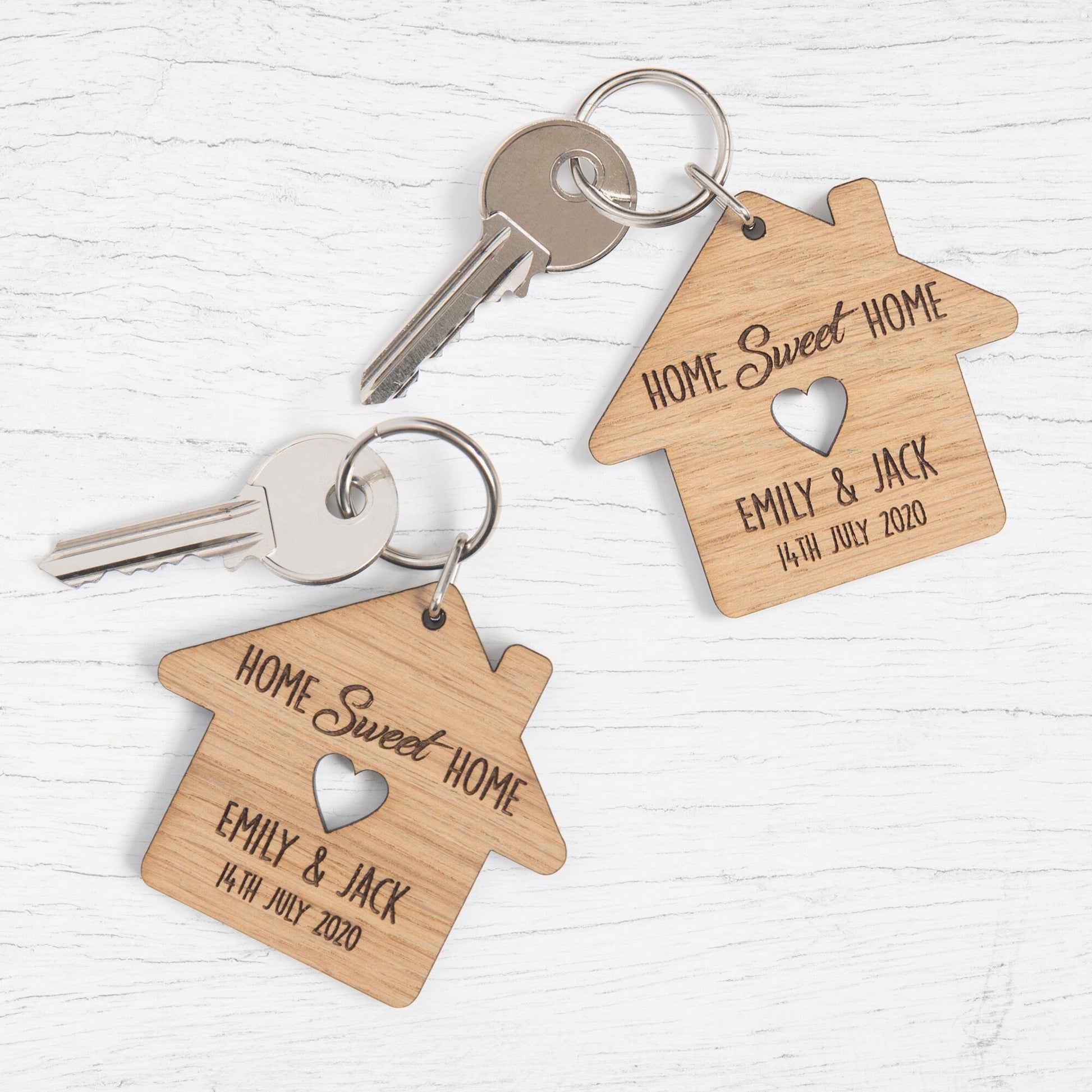 Personalized New Home Oak Keyrings, Couples Housewarming Gift