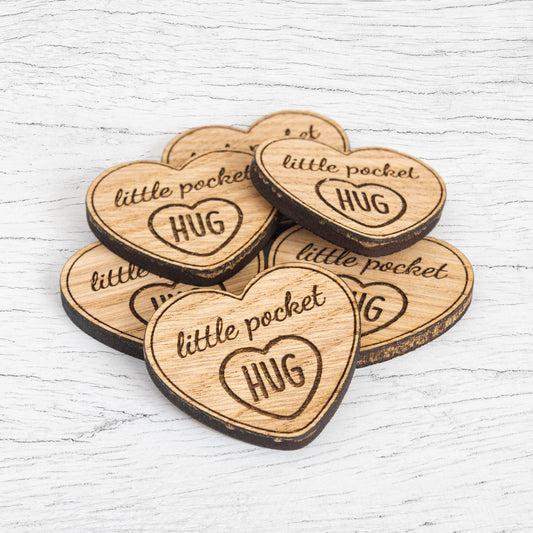 Engraved Oak Pocket Hug Token - Heart, Sending Hug Gift