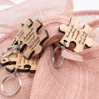 Personalised Jigsaw Puzzle Piece Keyrings | Personalized Wedding Favors / Favours | Unique Wooden Guest Keepsake Gifts