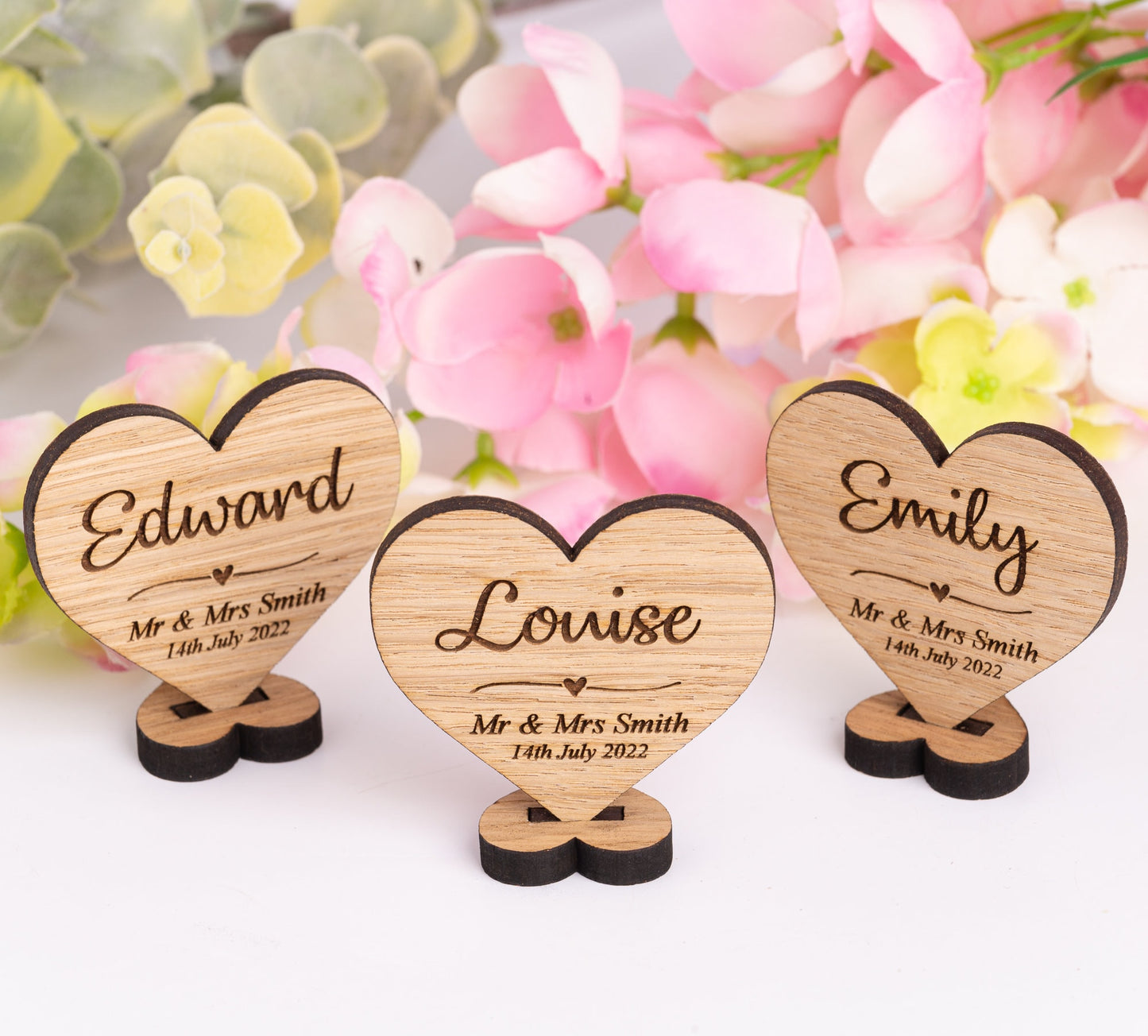 Heart Shaped Wedding Place Cards - Engraved Wooden Table Place Cards With Personalised Name