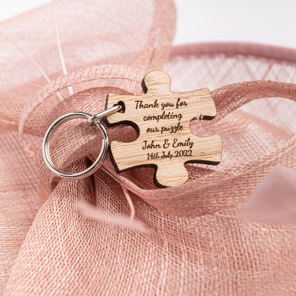 Personalised Jigsaw Puzzle Piece Keyrings | Personalized Wedding Favors / Favours | Unique Wooden Guest Keepsake Gifts