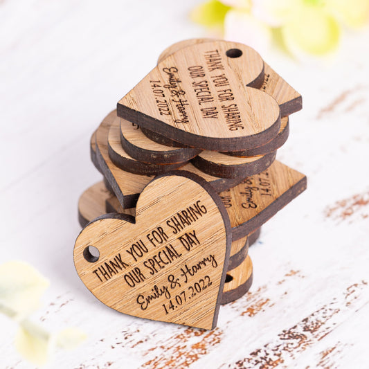 Personalised Wooden Heart Favour Tags - Wedding Thank You Gift Charms For Sweet Bags and Bottles