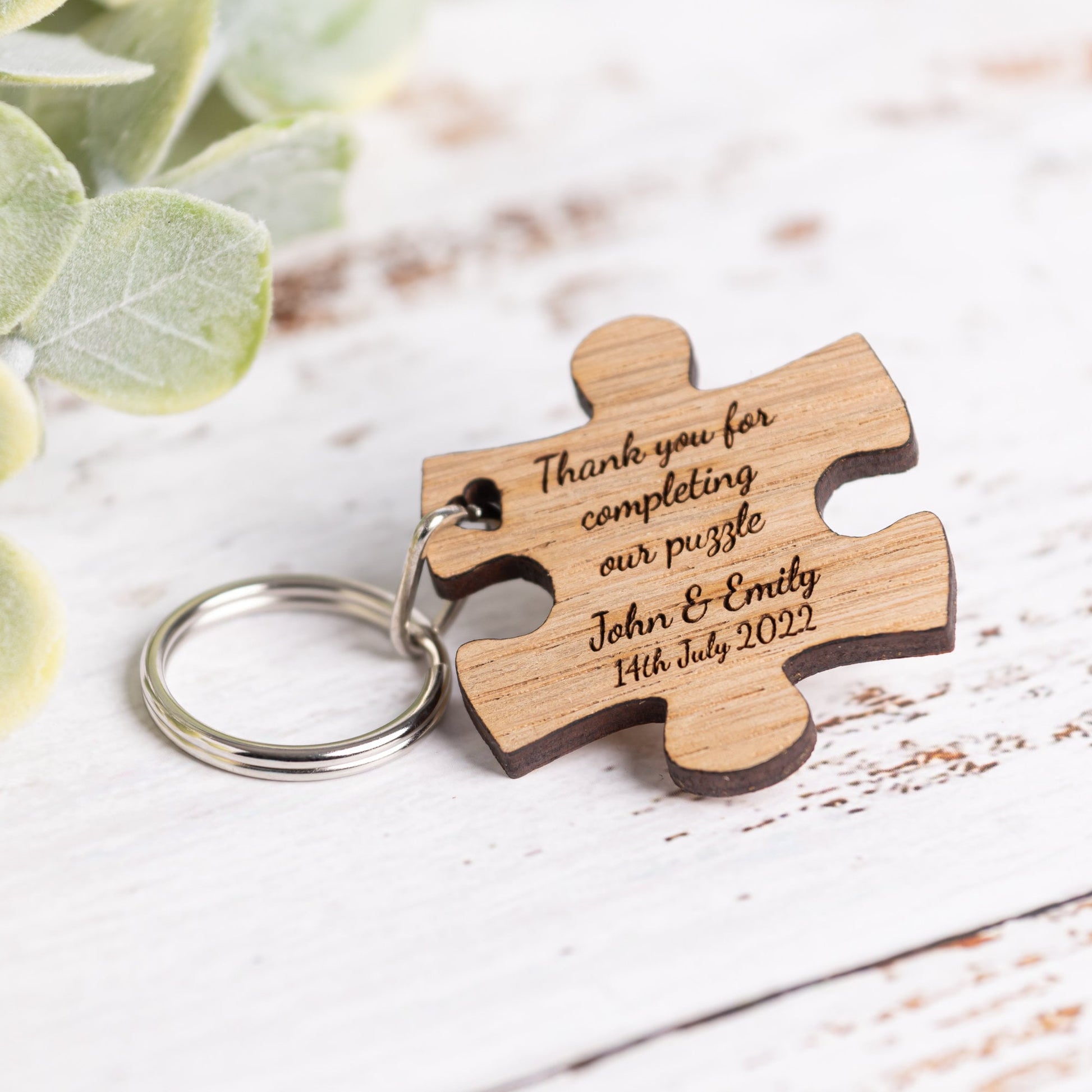 Personalised Jigsaw Puzzle Piece Keyrings - Personalized Wedding Favors , Favours - Unique Wooden Guest Keepsake Gifts