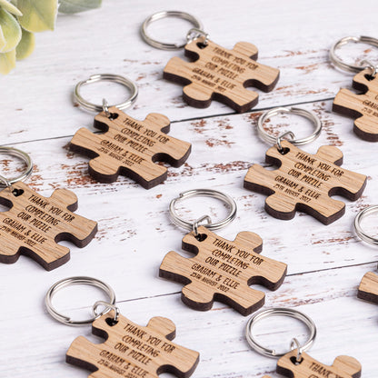 Personalised Jigsaw Puzzle Piece Keyrings | Personalized Wedding Favors / Favours | Unique Wooden Guest Keepsake Gifts