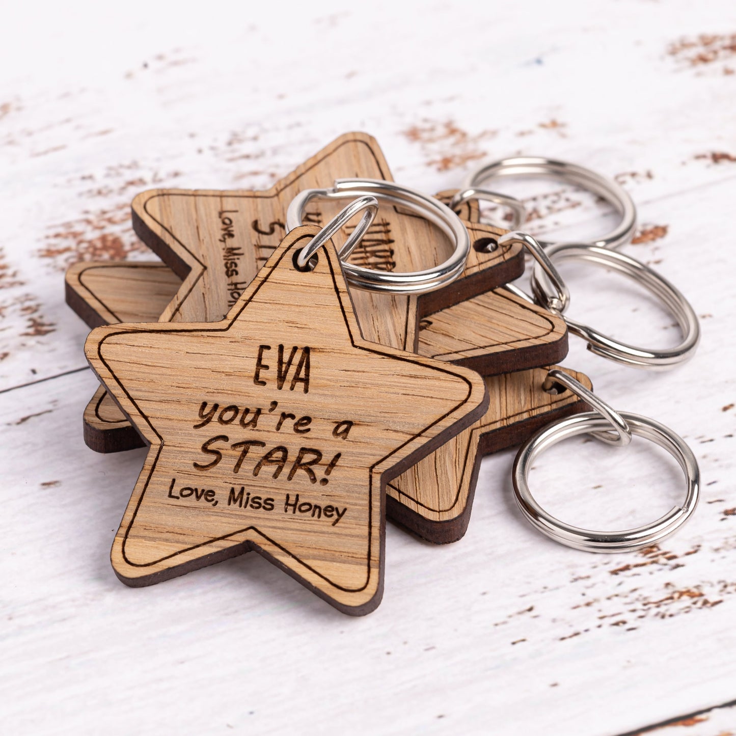 Teacher Pupil Gift-Personalised Wooden Star Name Keyring - End Of Term Keepsake