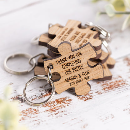 Personalised Jigsaw Puzzle Piece Keyrings | Personalized Wedding Favors / Favours | Unique Wooden Guest Keepsake Gifts
