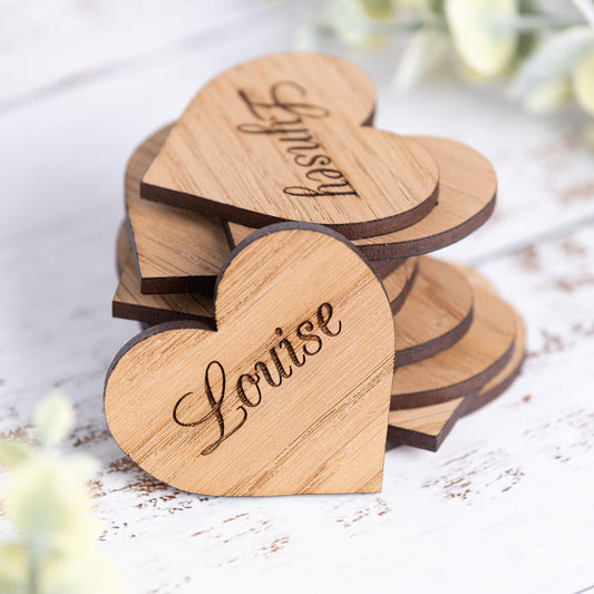 Personalised Wooden Heart Wedding Place Names-Engraved Oak Favours, Rustic Table Name Tags