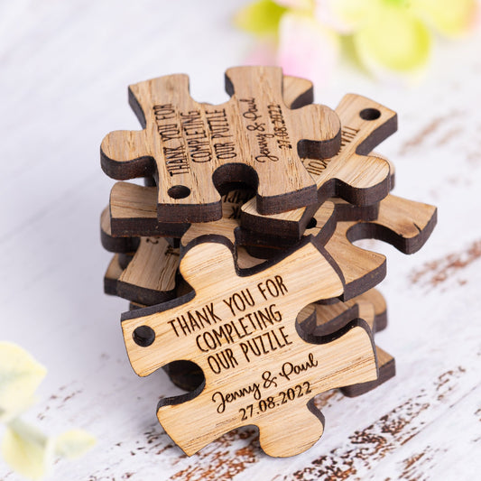 Personalized Wooden Jigsaw Puzzle Wedding Favor Tags-Engraved Oak