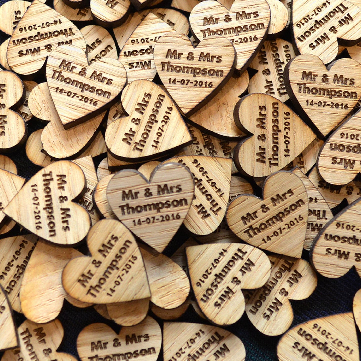 Personalised Heart Shaped Wooden Wedding Table Confetti Rustic Oak Decorations