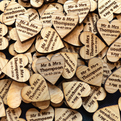 Personalised Heart Shaped Wooden Wedding Table Confetti Rustic Oak Decorations