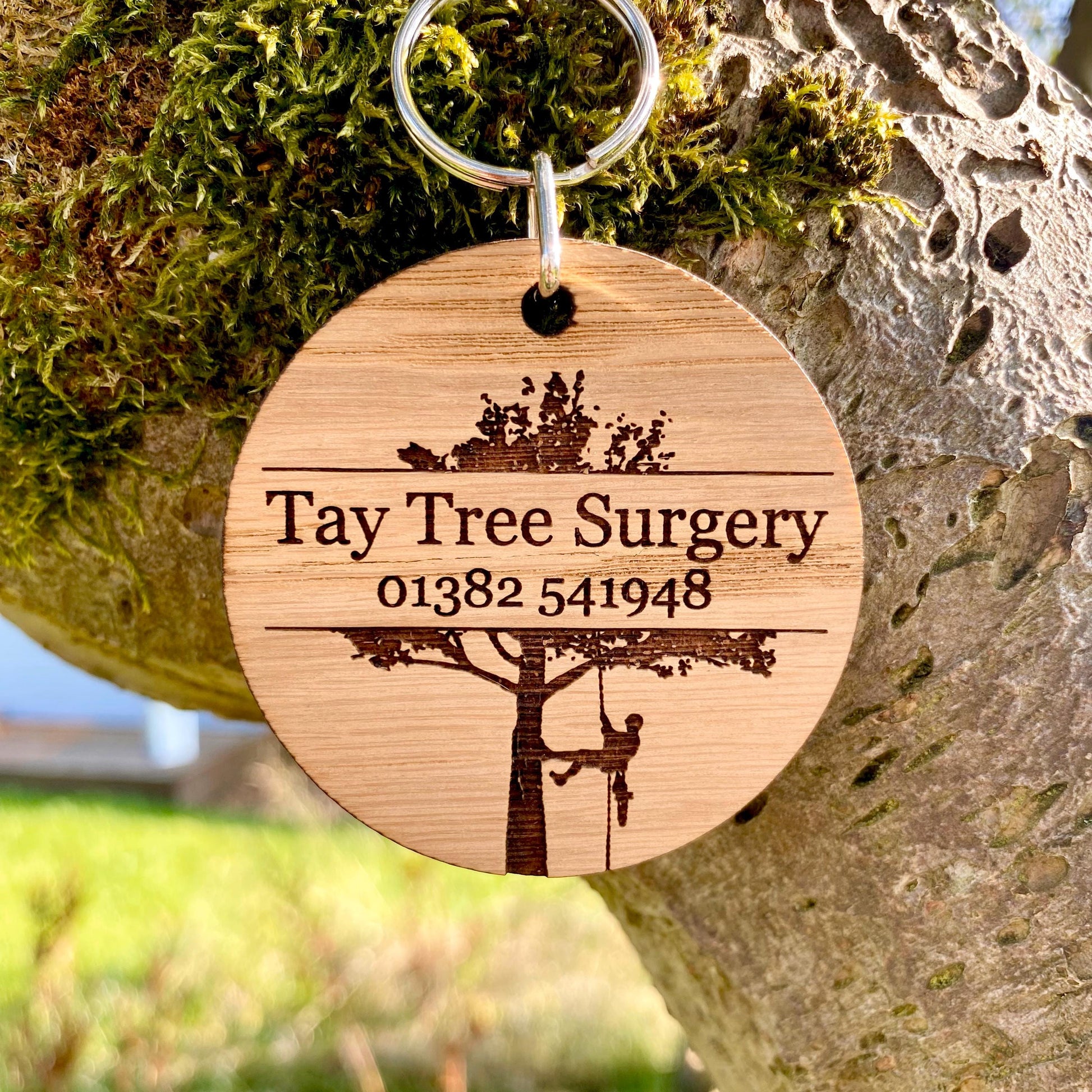 Engraved Wooden Business Keyrings-Arborist, Gardening Logo