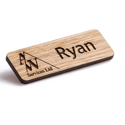 Personalised Wooden Name Badges - Custom Engraved Wood Logo Tags with Pin or Magnetic Fastener