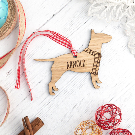 Personalized English Bull Terrier Christmas Ornament - Engraved Wooden Dog Bauble