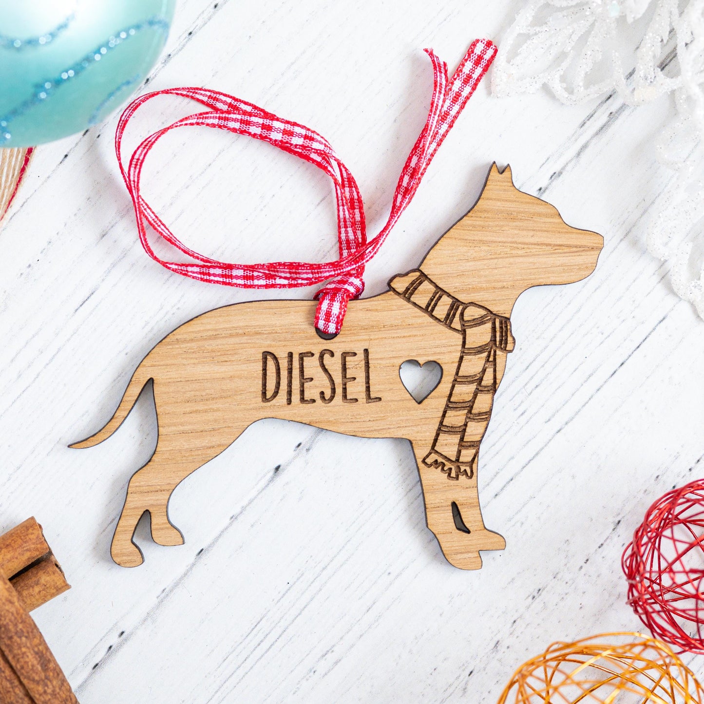 Personalized Pitbull Christmas Ornament-Engraved Wooden Dog Bauble