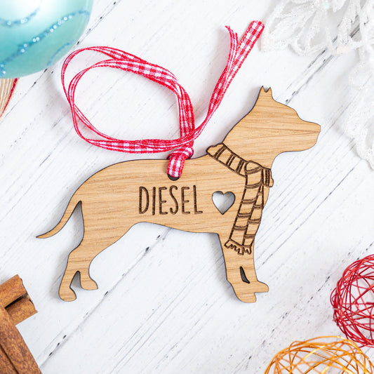 Personalized Pitbull Christmas Ornament-Engraved Wooden Dog Bauble