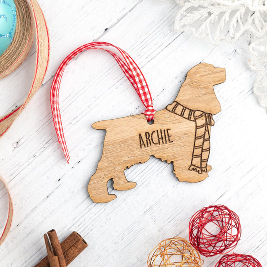 Personalized Cocker Spaniel Christmas Ornament - Engraved Wooden Dog Bauble