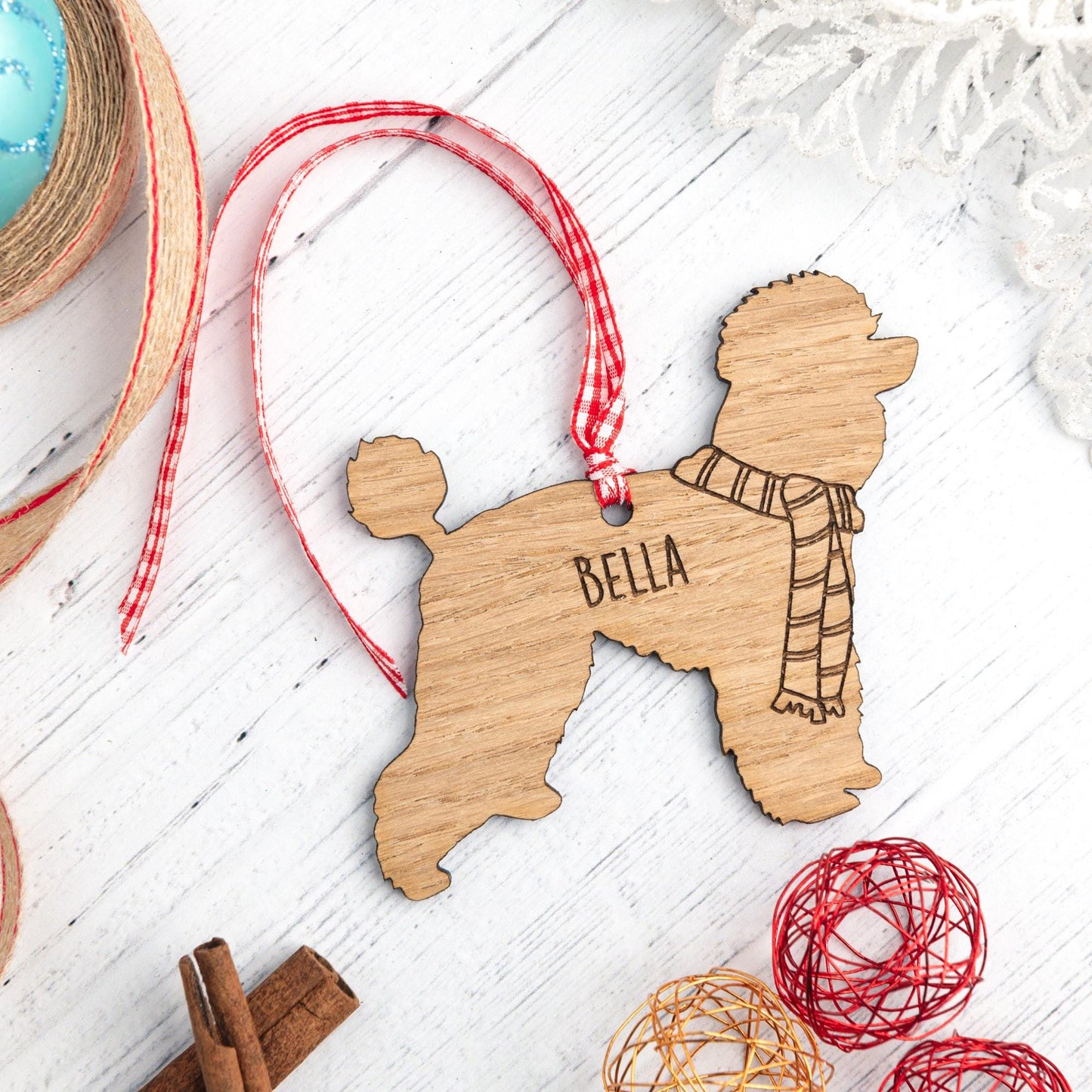 Poodle Christmas Decoration - Personalised Wooden Engraved Dog Bauble Ornament Gift for Poodle Owner