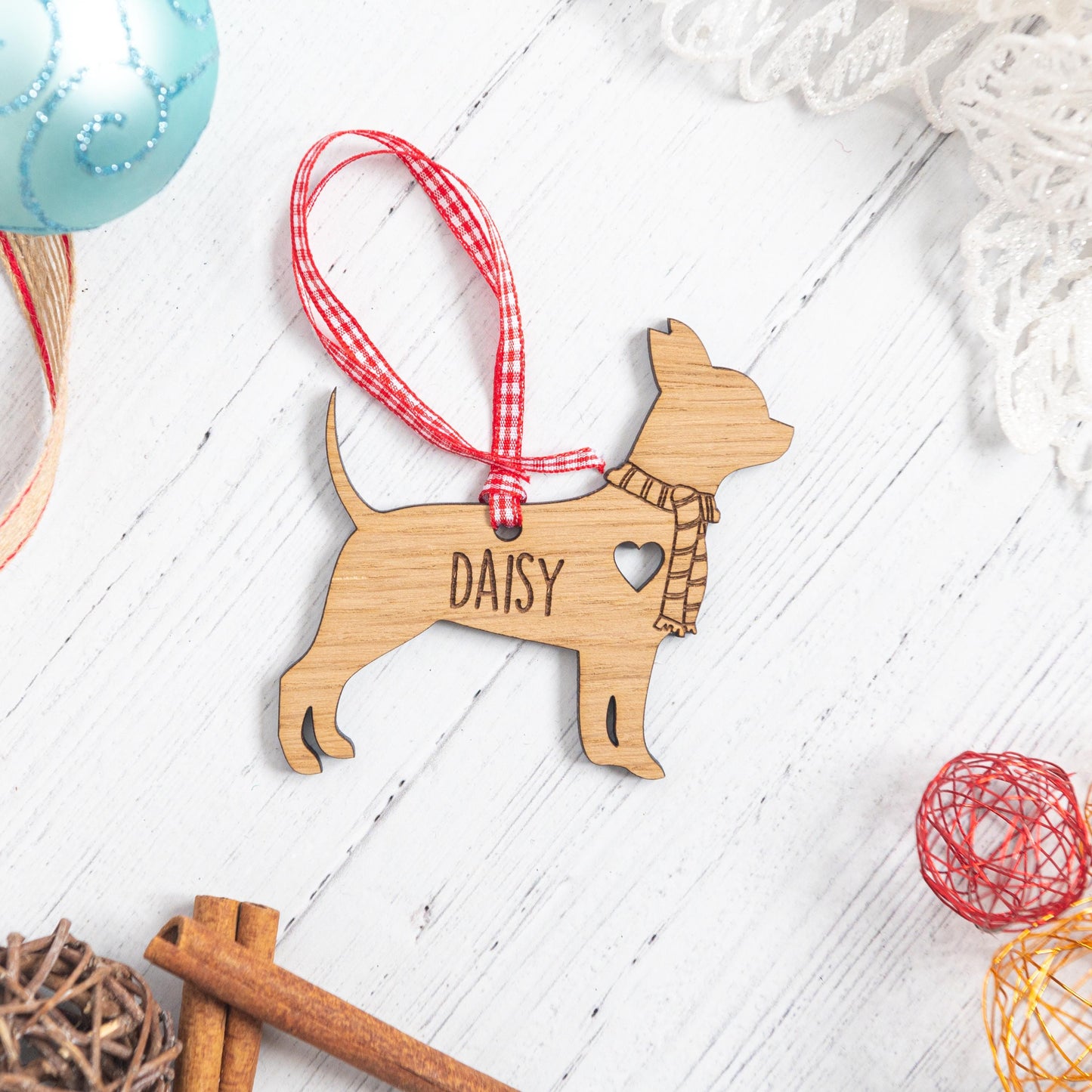 Chihuahua Christmas Decoration - Personalised Wooden Engraved Dog Bauble Ornament Gift for Chihuahua Owner