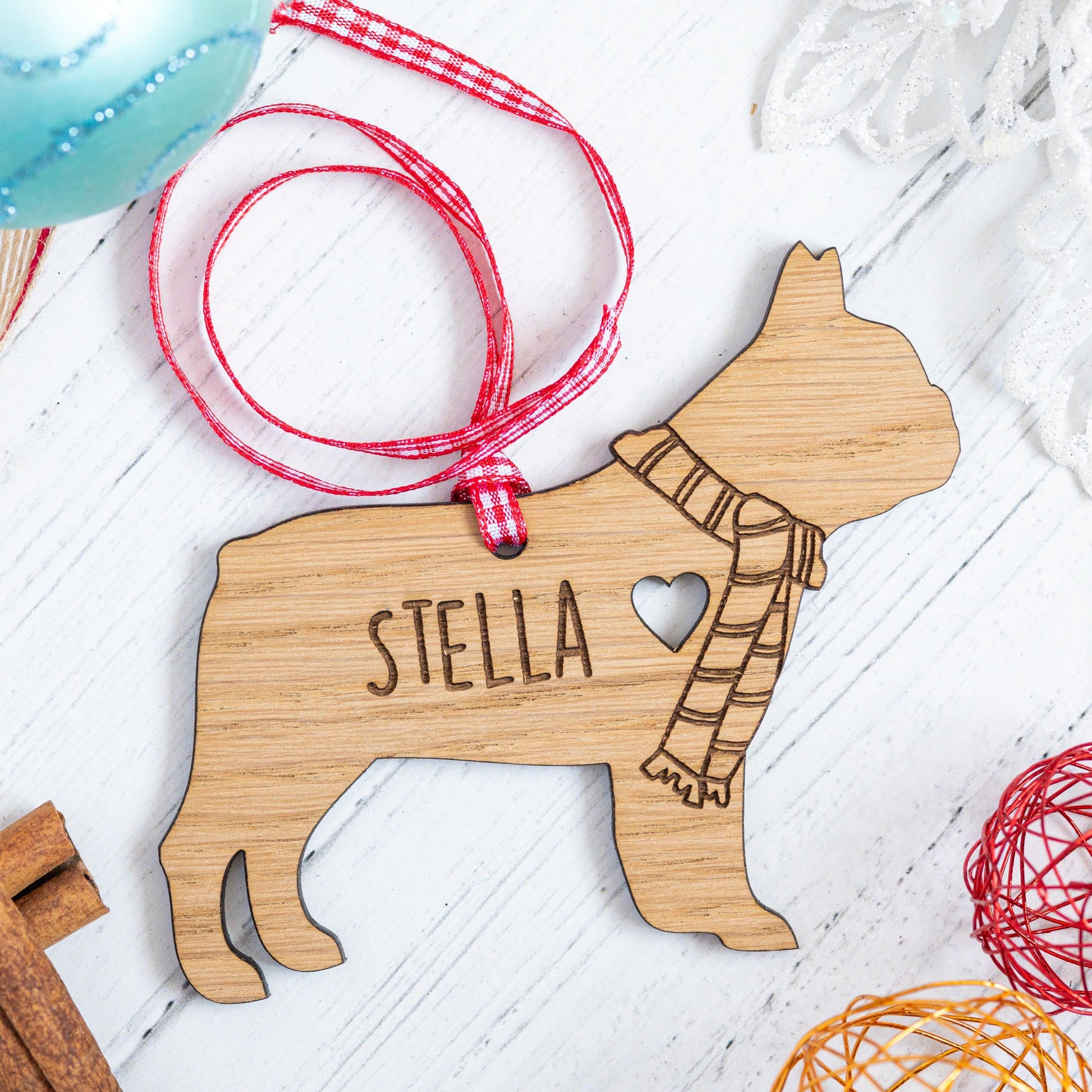 Personalized French Bulldog Christmas Ornament-Engraved Wooden Dog Bauble