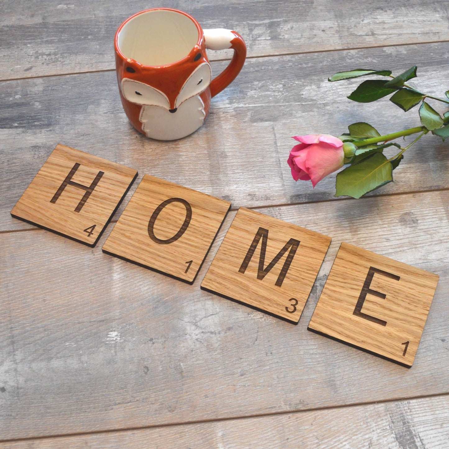 Oak Wood Scrabble Tile Coasters - Housewarming Gift