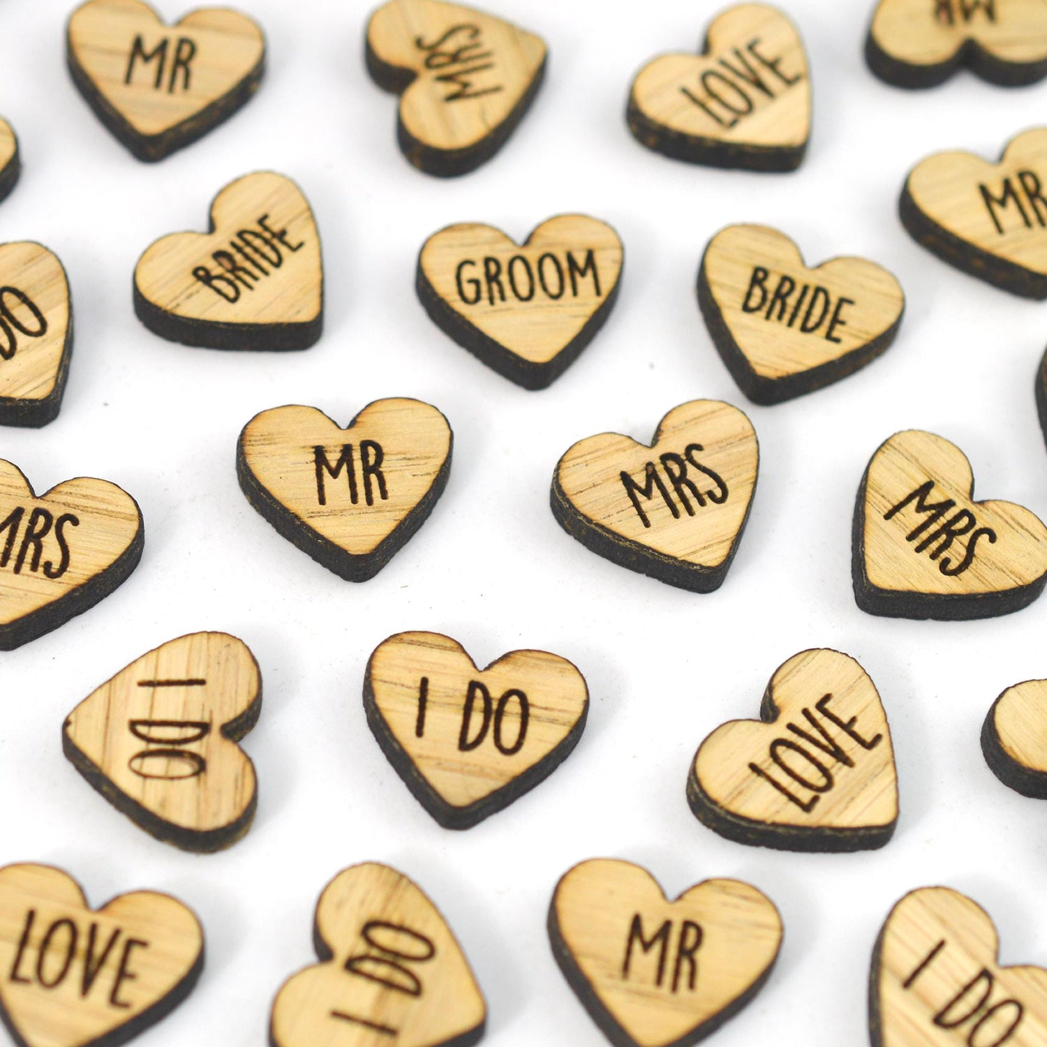 Engraved Oak Wood Heart Confetti-Rustic Wedding Table Decor