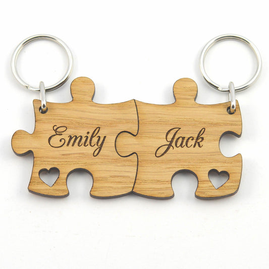 Personalised Jigsaw Keyring Set, Wooden Valentine's Gift for Couples