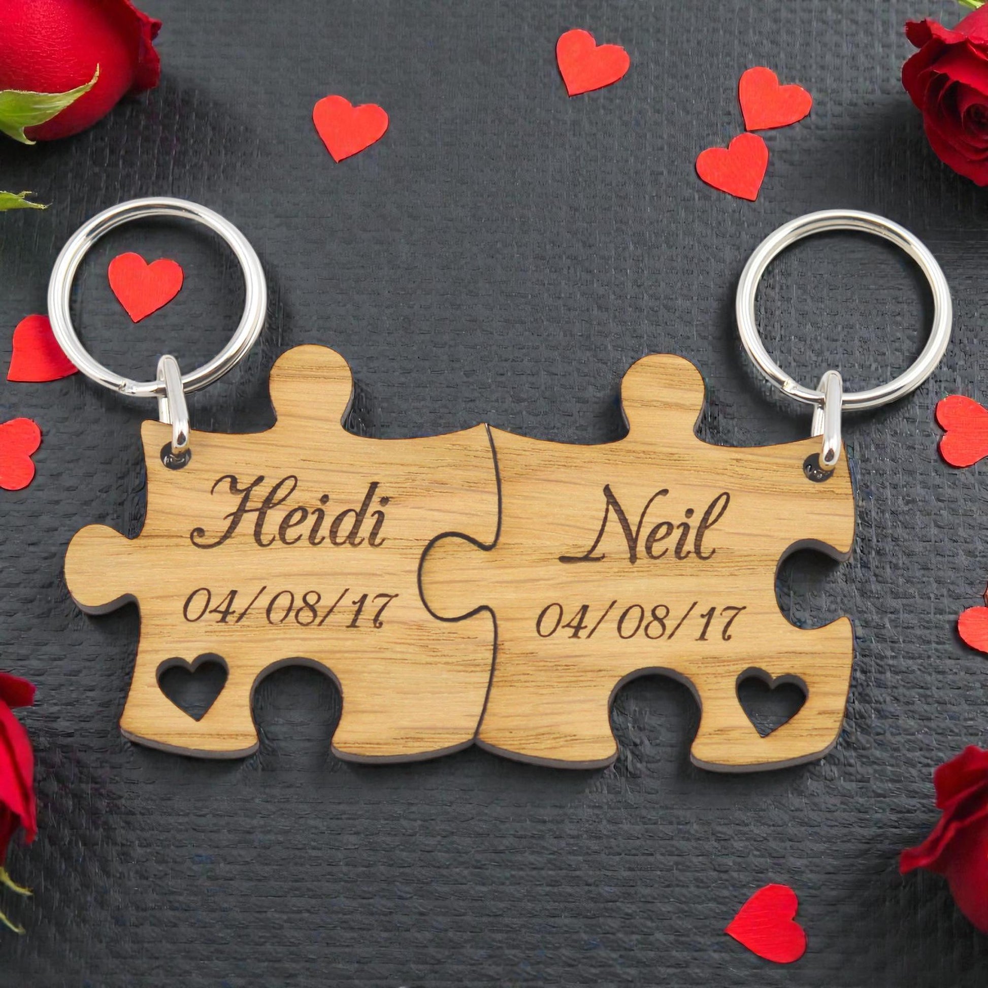 Personalised Jigsaw Keyring Set, Wooden Valentine's Gift for Couples