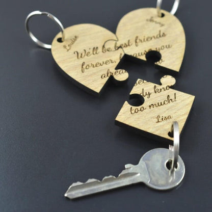 Personalized Wood Jigsaw Keyring Set, Engraved Friendship Gift