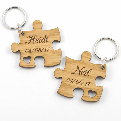 Personalised Jigsaw Keyring Set, Wooden Valentine's Gift for Couples